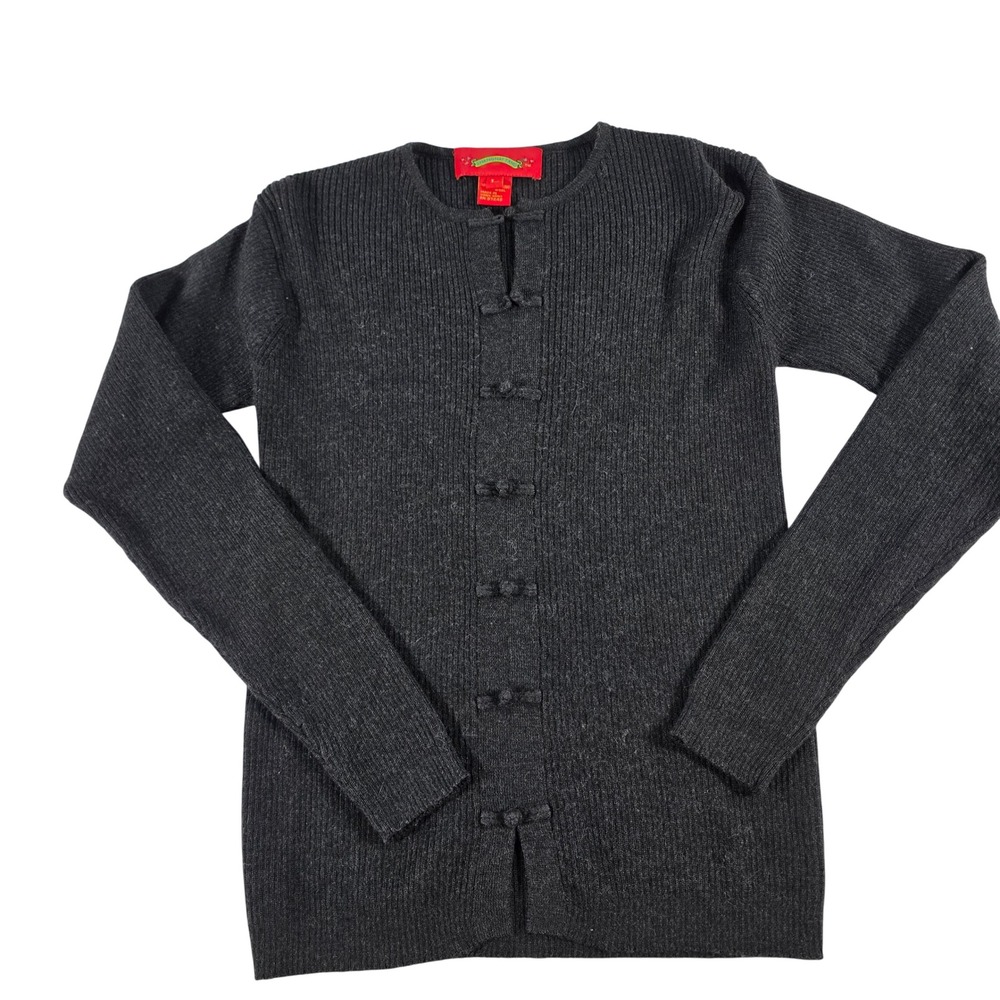 Shanghai Tang Womens Merino Wool Ribbed Cardigan Frog Button Charcoal Gray L